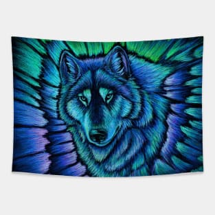 Colorful Wolf Aurora Tapestry