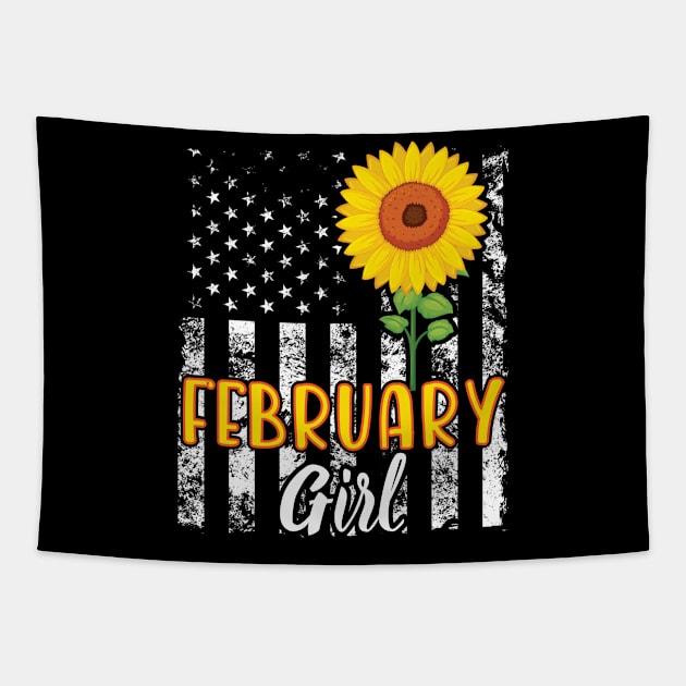 US Flag And Sunflower Happy Birthday February Girl Daughter Tapestry by joandraelliot