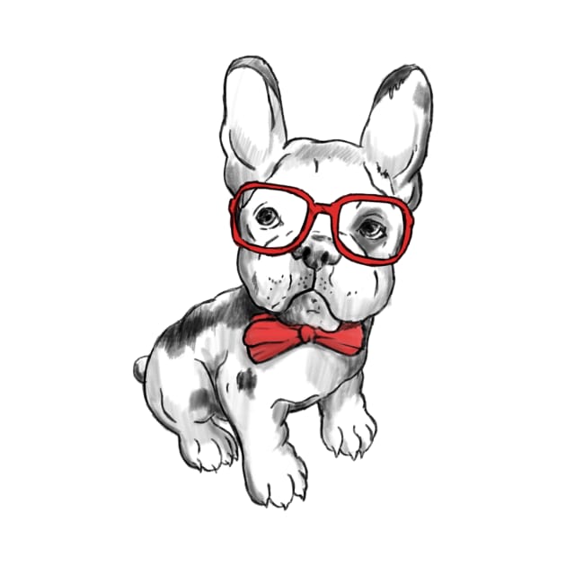 French Bulldog Hand Drawn Red Ribbon & Glasses by Mesyo