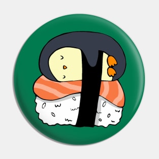 Penguin sleeping over sushi Pin