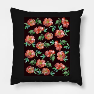 Peonies Flowers Watercolor Ink Cute Girly Red Dark Pillow