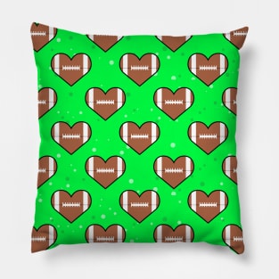 American Football Ball Texture In Heart Shape - Seamless Pattern on Green Background Pillow