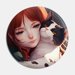 Illustration of woman hugging cat in anime style Pin