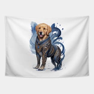 The Majestic Golden Warrior: Retriever in Elven Denim Battle Suit Tapestry