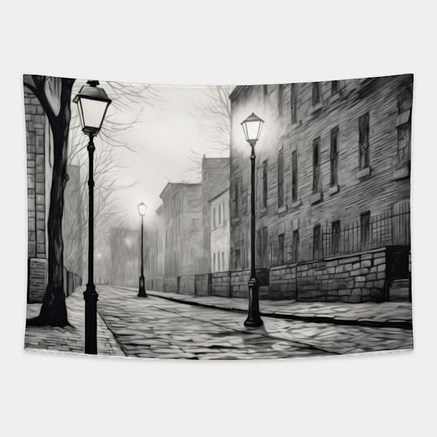 Cityscape Brick Road Tranquil NightInk Sketch Style Tapestry by Cubebox