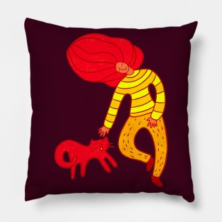 Cool girl with red hair android cat walking, version 3 Pillow