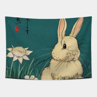 American Fuzzy Lop Rabbit Baby Bunny with White Flowers Tapestry