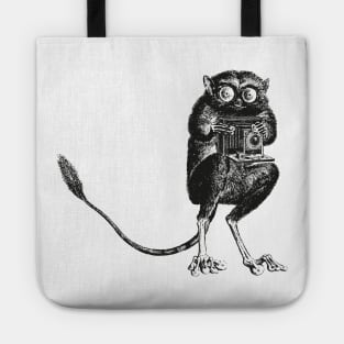 Say Cheese! | Tarsier with Vintage Camera | Bellows Camera | Black and White | Anthropomorphic | Tote