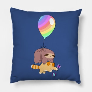 Rainbow Balloon Sloth and Tabby Cat Pillow