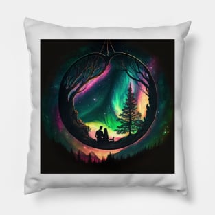 Couple in Heart shaped tree watching the northern lights. Pillow