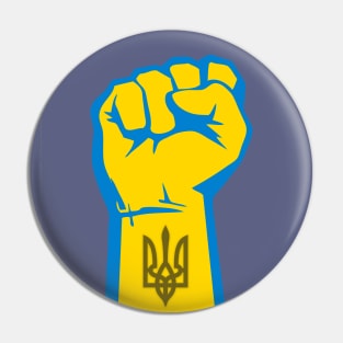 Peace for Ukraine! I Stand With Ukraine. Powerful Freedom, Fist in Ukraine's National Colors of Blue and Gold (Yellow) and Ukraine's Coat of Arms on the Wrist Pin