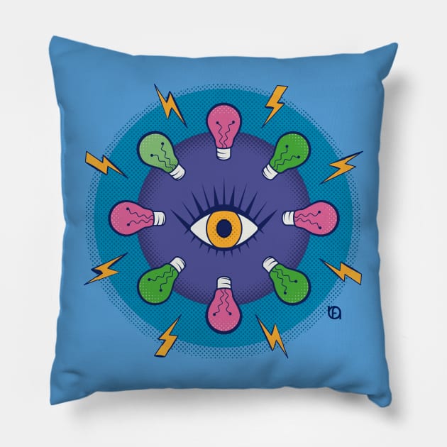 Eye lightbulbs and lightning bolts Pillow by artbyfreddo