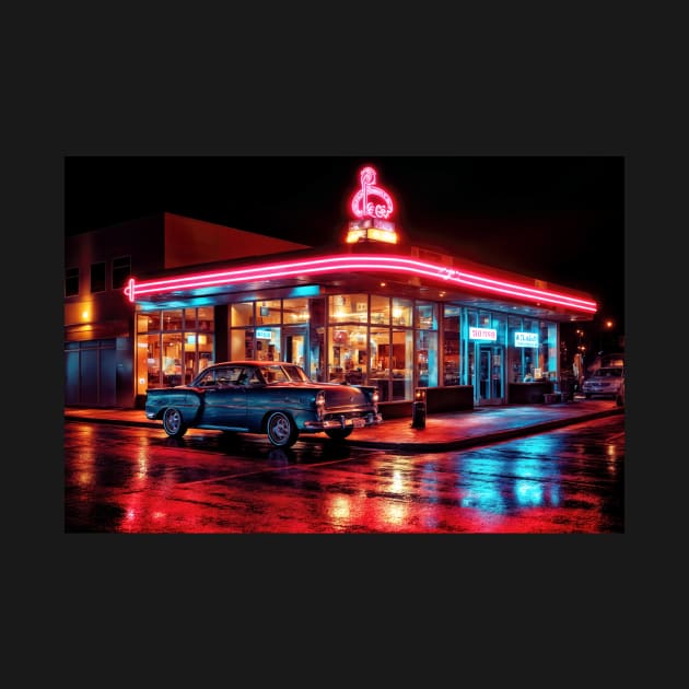 A City Diner Lit Up With Neon and Wet Streets - Landscape by jecphotography