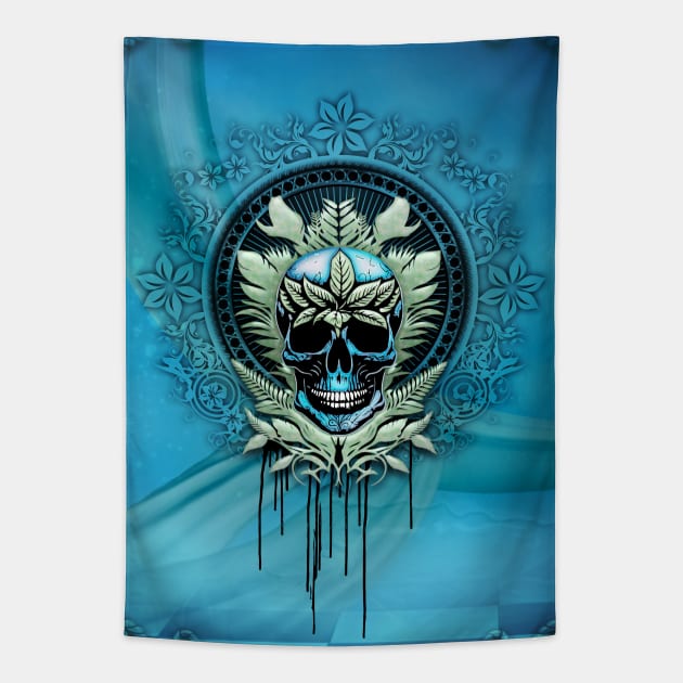 Elegant decorative blue skull with leaves Tapestry by Nicky2342