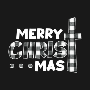 Merry Christmas Cross White Plaid Christian Xmas Holiday T-Shirt