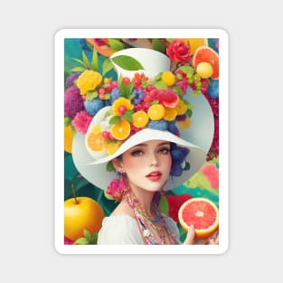 А woman with a white hat and some colorful fruity Magnet