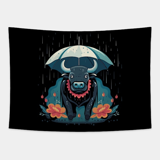 Water Buffalo Rainy Day With Umbrella Tapestry by JH Mart