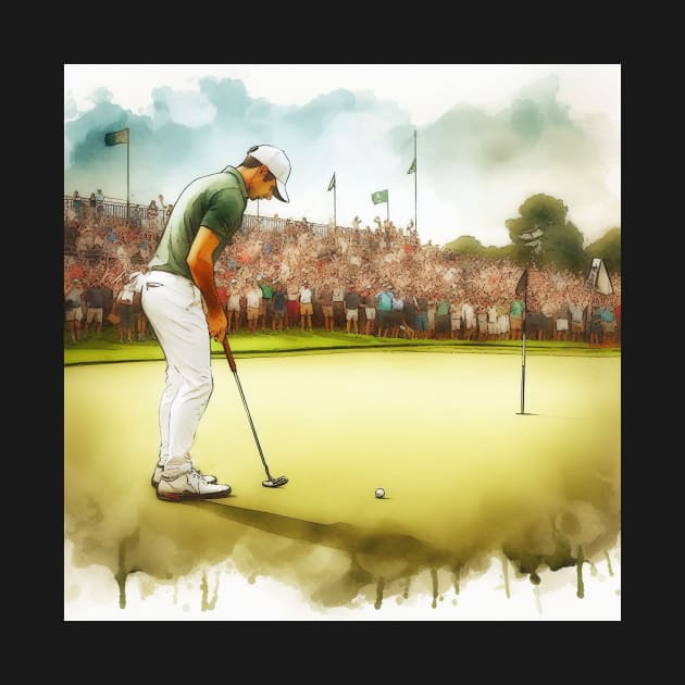 Artistic illustration of golfer putting on the 18th green by WelshDesigns