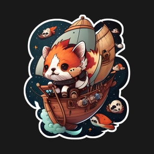 Red Panda on a Pirate Ship in Space Sticker T-Shirt