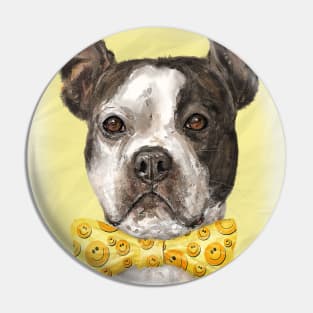 A Painting of a Boston Terrier with a Bow Tie with Smiley Pattern, Yellow Background Pin