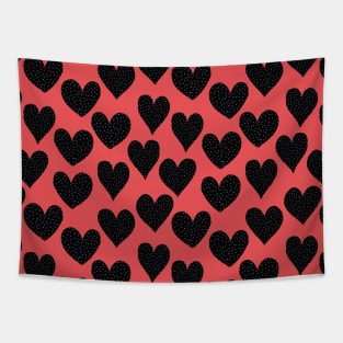 Black And White Spotted Hearts On Red Tapestry