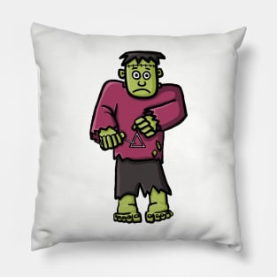 Funny musician Frankenstein cartoon playing the triangle cute halloween autumn digital illustration Pillow