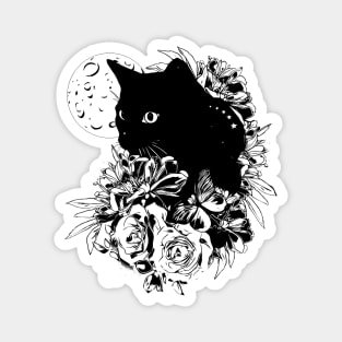 Moon and black color cat with peony, cat with flowers, black and white drawing Magnet