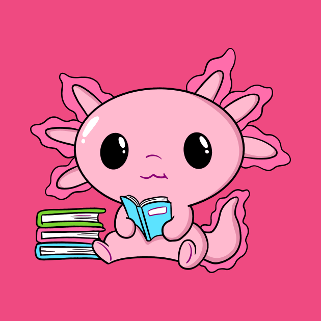 Cute Kawaii Pink Axolotl Reading With Books by hypedesigns19