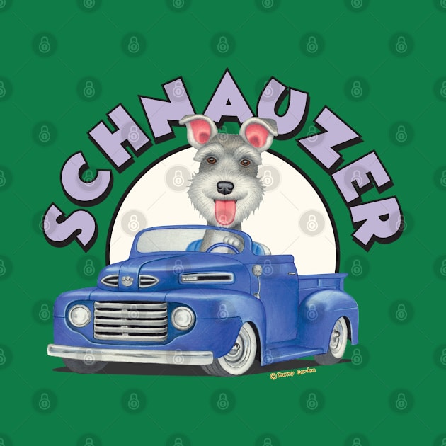 Cute Schnauzer mini puppy retro ready to ride in Classic Blue Truck by Danny Gordon Art