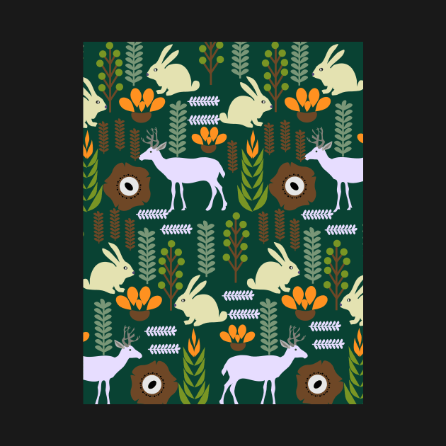 A garden with bunnies and deer by cocodes