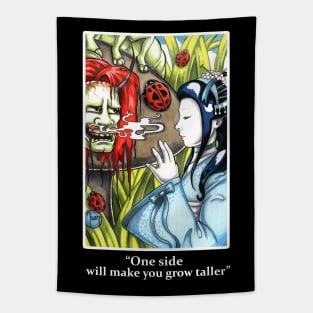 Japanese Alice in Wonderland and Caterpillar - One Side Makes You Grow Taller - White Outlined Version Tapestry
