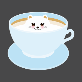 Cute Kawaii cat in blue cup of froth art coffee T-Shirt