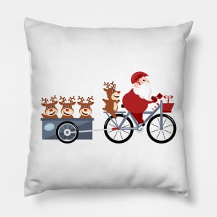 Santa Claus  riding a bike with reindeer in a trailer Pillow