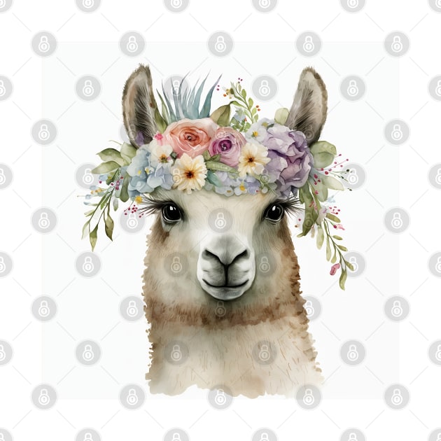 Single llama watercolor close up with flower headband crown by Danielleroyer