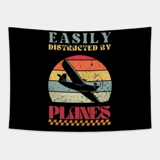 Easily Distracted by Planes - Retro Airplane Design Tapestry