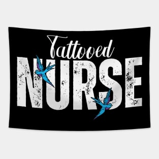 Tattooed Nurse With Two Blue and Purple Swallows Tapestry