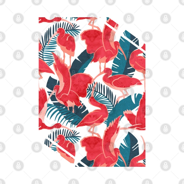 Luxurious Scarlet Ibis // white background teal vegetation metal rose and red guará large birds by SelmaCardoso