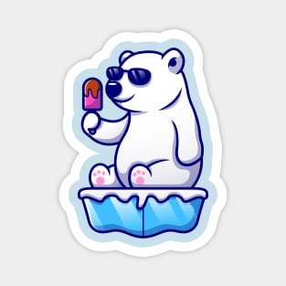 Cute Cool Polar Bear Eating Popsicle On Ice Cartoon Magnet