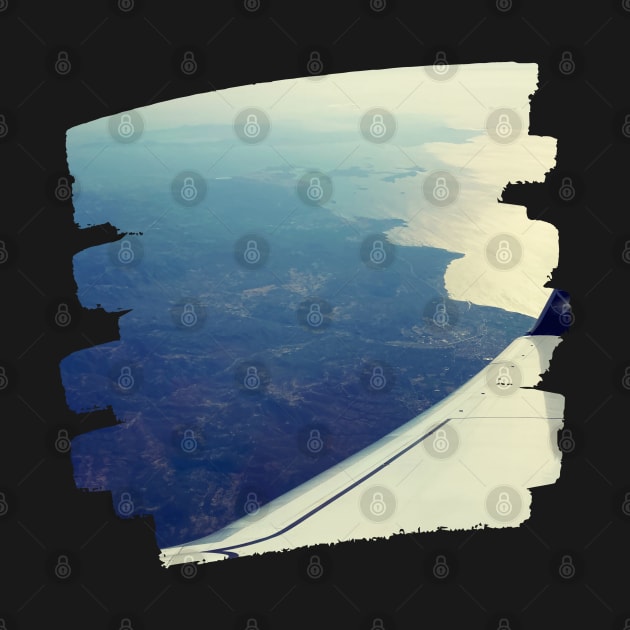 Plane window view Photography design with blue sky and ocean sea adventure lovers by BoogieCreates