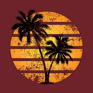 Distressed Worn Print 80s Retro Palm Tree Sunset Silhouette T-Shirt