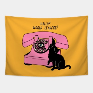 World Domination Black Cat in yellow Tapestry