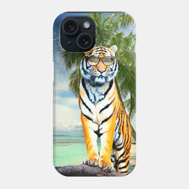 Big Cat Tiger Wearing Sunglasses On Beach Phone Case by Random Galaxy