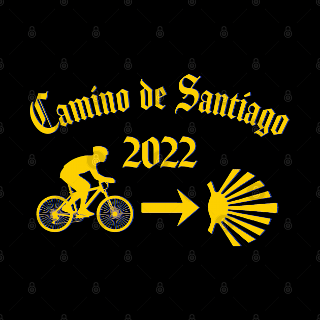 Camino de Santiago Typography Man Riding a  Bicycle Yellow Arrow Scallop Shell by Brasilia Catholic