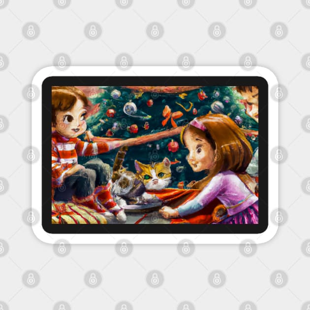 A brother and sister and cat on Christmas morning - Greeting Card Magnet by JohnCorney