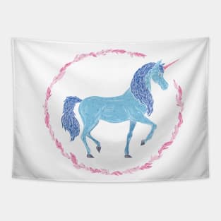 Blue unicorn in a pink floral wreath Tapestry