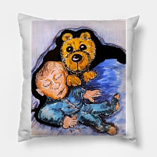 A Child and his Teddy Bear cuddling Pillow