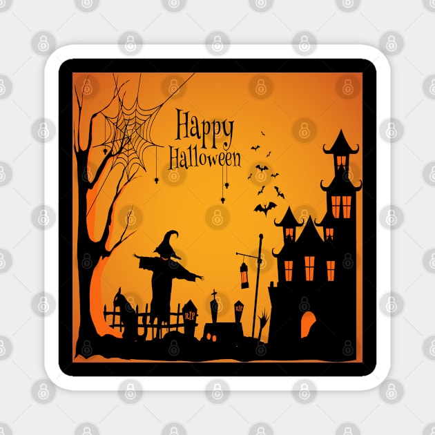 Halloween illustration with silhouette of castle and dead trees near cemetery crosses Magnet by Modern Art