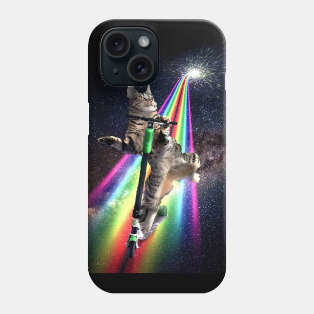 Galaxy Space Cat On Scooter Rainbow Phone Case by Random Galaxy