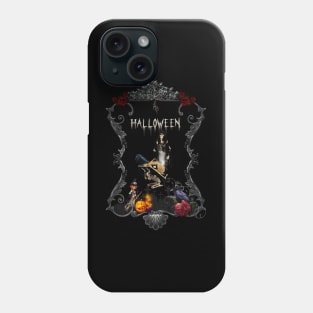 Funny halloween design with skeleton, witch and crows Phone Case