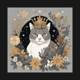 Royal Feline - Cat with Crown and Flowers T-Shirt